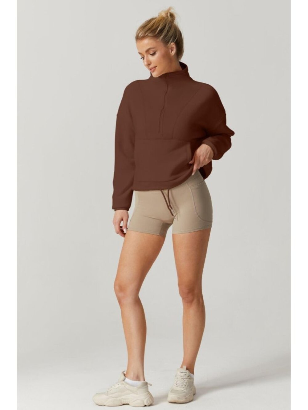 Women’s Chocolate Mock Neck Long Sleeve Half ZIP Fleece Pullover Sweatshirt - Picture 5 of 6